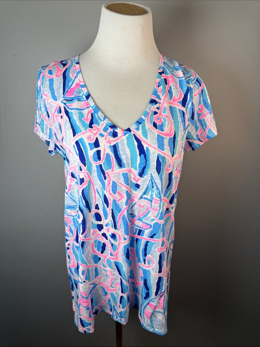 Light Blue & Pink V-Neck Short Sleeve Top lily pulitzer